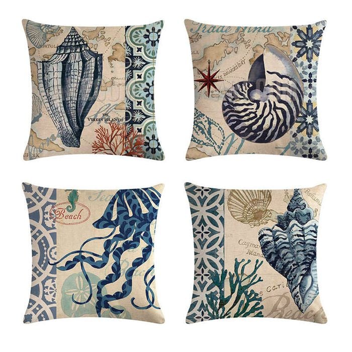 Catzon 4 Pcs Sea Theme Throw Pillow Covers Square Linen Pillowcase for Couch