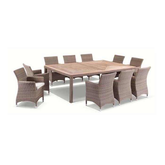 Sahara 10 Seat Outdoor Teak And Wicker Dining Setting Brushed Wheat & Cream Cushions