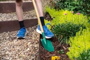 Child’s legs push kids’ shovel into garden bed