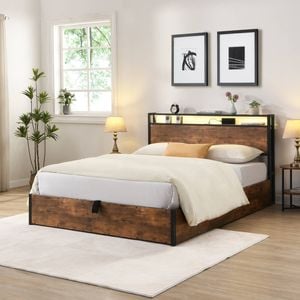 HOMFURN Queen Size Gas Lift Storage Bed Frame with LED Lights and Charging Station