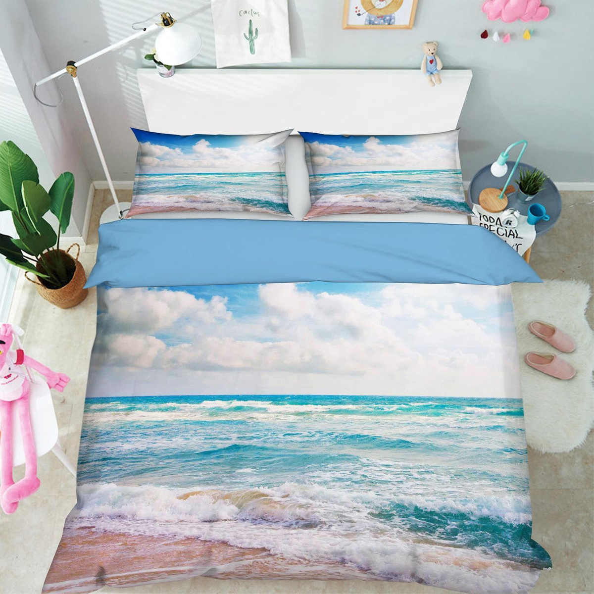 3D Blue Sky Clouds Sea Wave Beach Quilt Cover Set Bedding Set ...