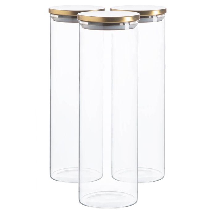 Argon Tableware Glass Storage Jar - Gold Lid - 2 Litre - 3x Modern Round Scandi Organisation Container Glass Jar