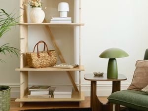 A light-coloured wooden display unit with adjustable shelves, holding decorative items, next to a potted plant.