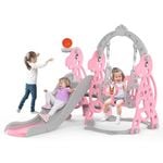 Advwin 4 in-1 Kids Slide and Swing Set with Basketball Hoop Pink