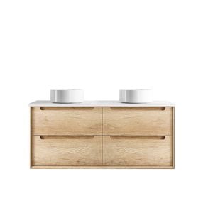 Attica 1200mm Natural Oak Baia Wall Hung Vanity with Pure White Top Double Bowl