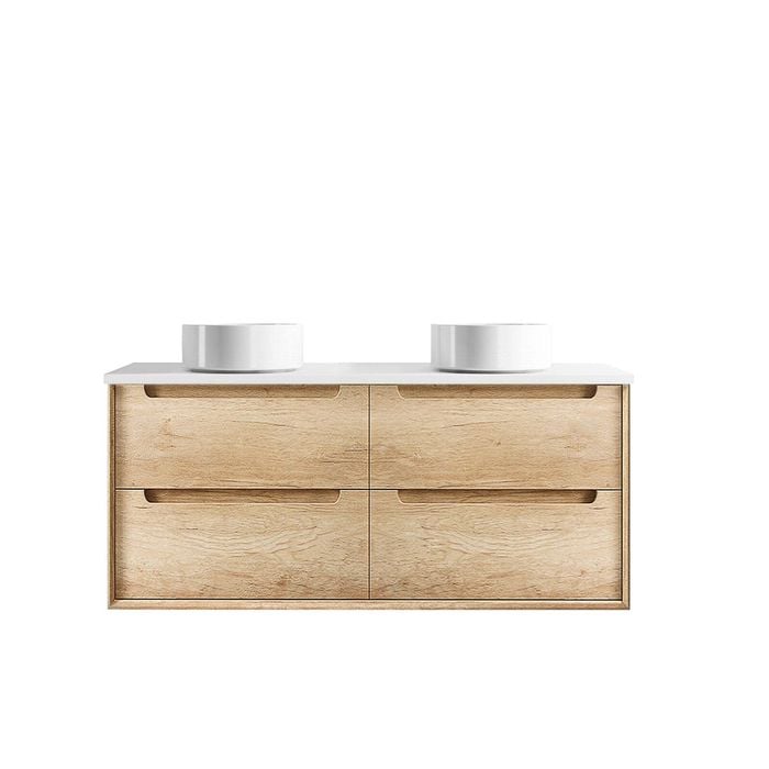 Attica 1200mm Natural Oak Baia Wall Hung Vanity with Pure White Top Double Bowl