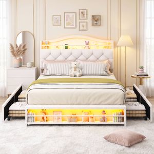 Advwin Queen Upholstered Girl Bed, Princess Velvet Platform Bed, Beige