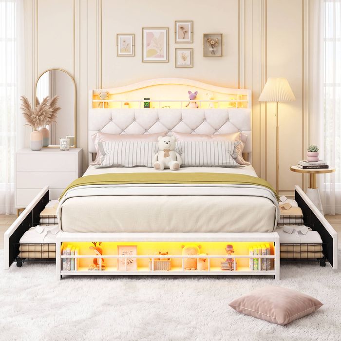 Advwin Queen Upholstered Girl Bed, Princess Velvet Platform Bed, Beige