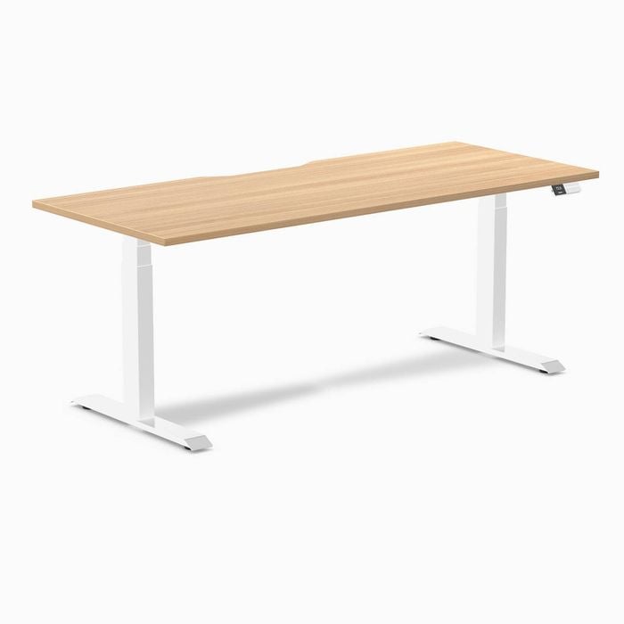 Desky Dual Sublime Teak Scalloped Melamine Sit Stand Desk 180x75cm White Frame Leg