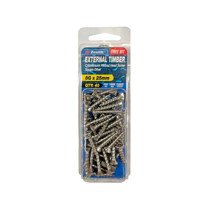 Zenith 8G x 25mm Stainless Steel 304 Square Drive External Timber Screw - 40 Pack