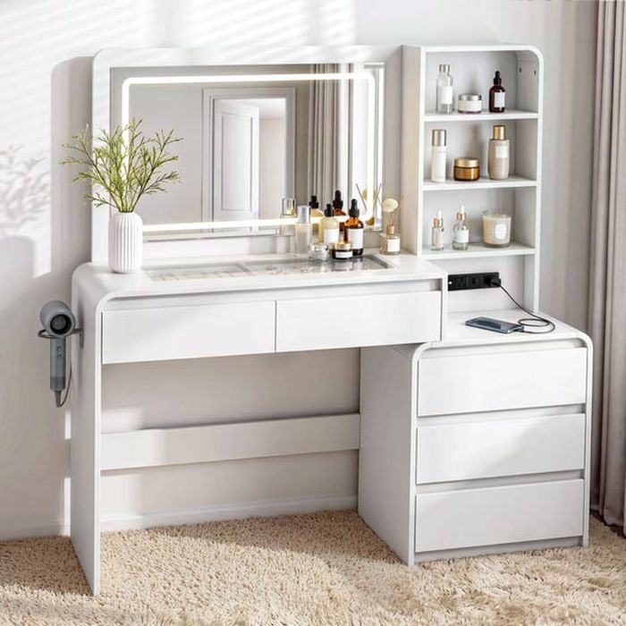HOMFURN Dressing Table with LED Mirror, Charging Station & 5 Drawers, White Vanity Desk with Hairdryer Holder