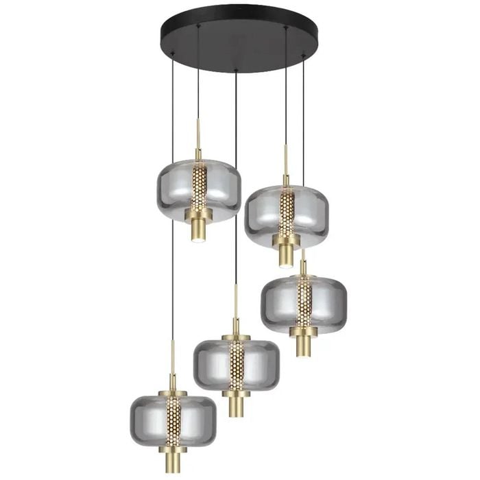 Telbix Volen Contemporary Pendant Hanging Lamp Light Metal Glass Black Gold Smoke Satin