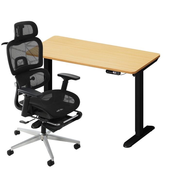 Oikiture Office Sit-stand Desk and Ergonomic Chair Set Black & Oak