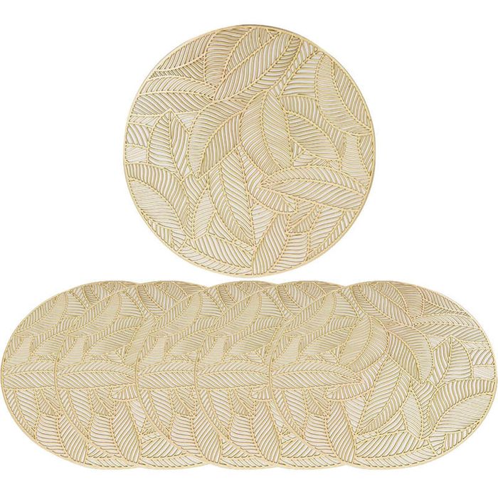 Catzon 6 Pcs Round Leaf Pvc Placemats Hollowed-out Party Gold