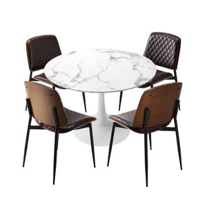 Oikiture Dining Table Set 90cm Round Dining Table and Chairs PU Leather Brown&White