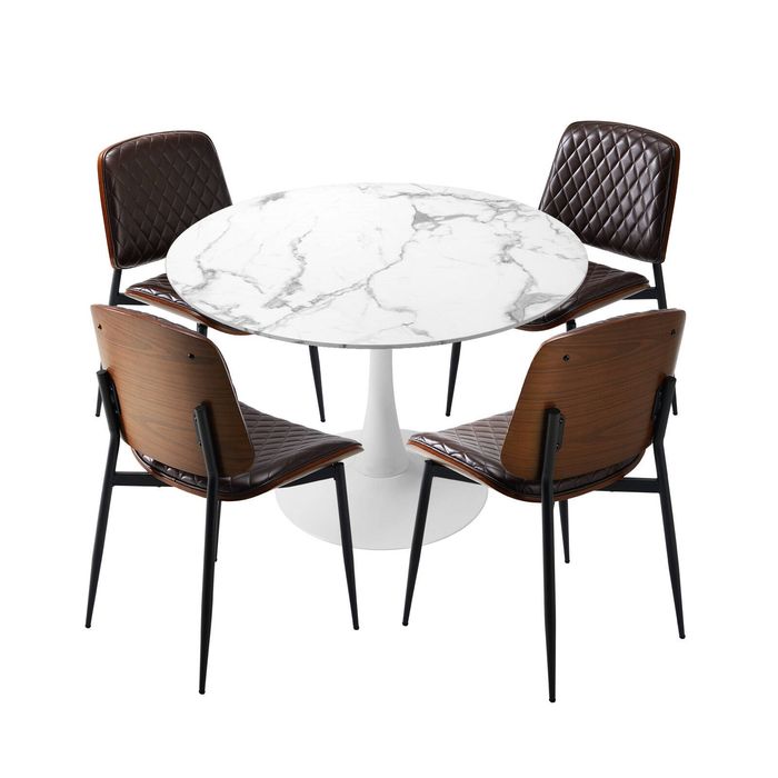 Oikiture Dining Table Set 90cm Round Dining Table and Chairs PU Leather Brown&White