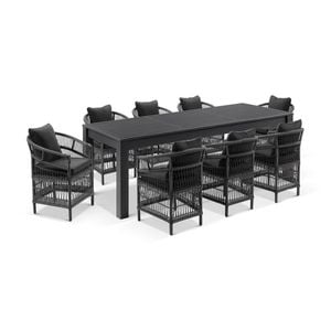 Santorini 2.5 Outdoor Aluminium Dining Table Charcoal With 8 Malawi Style Chairs & Denim Grey Cushions