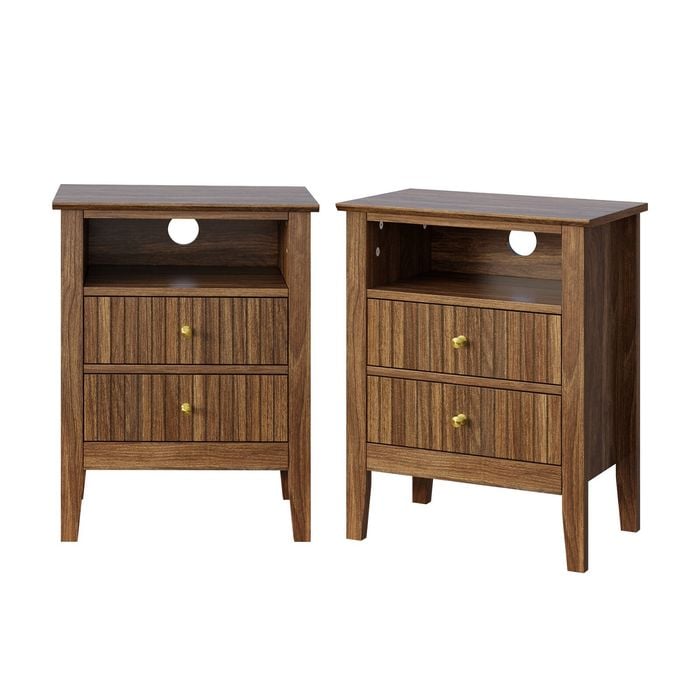 Oikiture 2x Bedside Table Nightstand 2 Drawer with Shelf Storage Cabinet Walnut