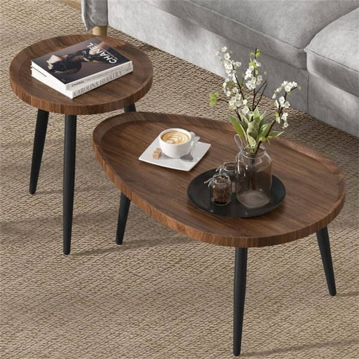 Homfurn Set Of 2 Industrial Nesting Side Tables – Walnut & Black, Mdf Top, Tripod Iron Legs, Space-saving Design