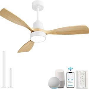 OAKORY 122cm Smart Ceiling Fan Adjustable LED Voice App Remote White Natural Wood