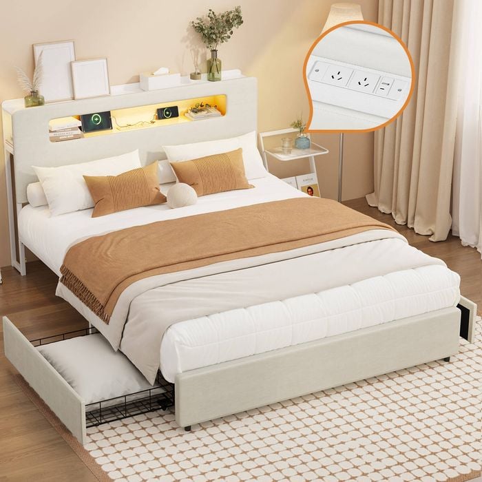 Oikiture Bed Frame 2 Drawers Double Size with LED Charging Storage Bedhead