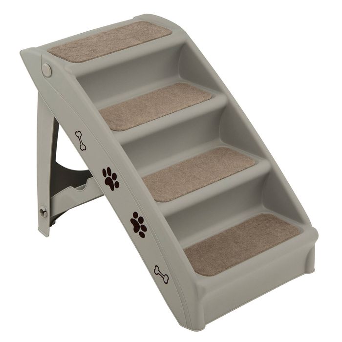 Costway 4 Steps Folding Pet Stairs Portable Pet Climbing Ladder w/Side Rails Felt Pads-Grey