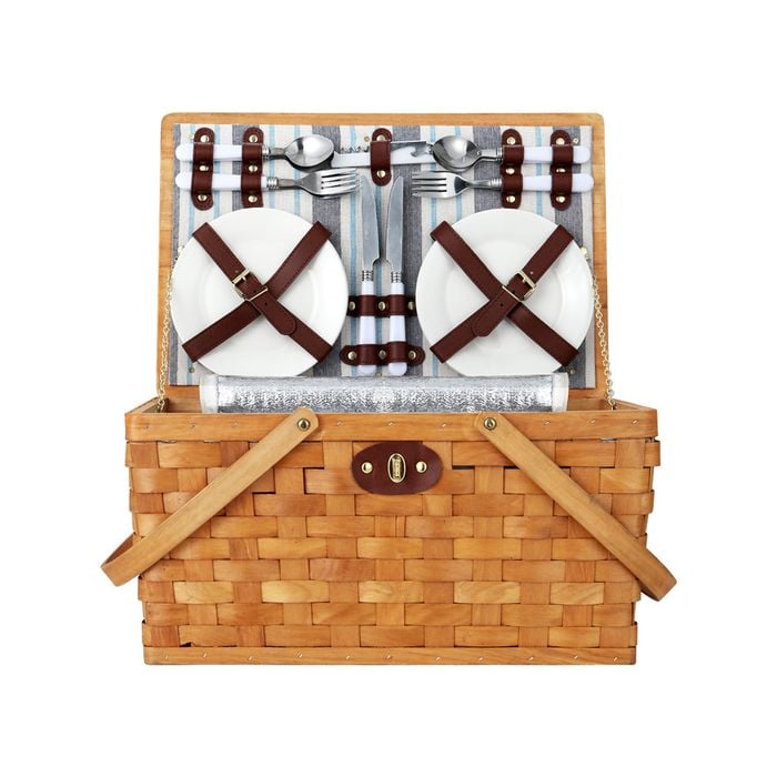 Alfresco 4 Person Picnic Basket Set Wooden Blanket Cooler Bag Outdoor Insulated