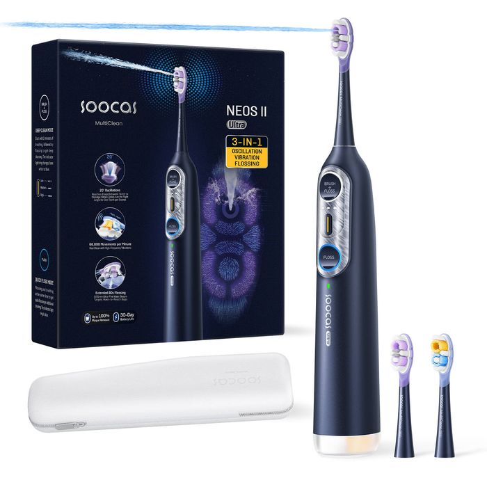Soocas Neos II Ultra 3-in-1 Sonic Electric Toothbrush with Built-in Water Flosser, Midnight Blue