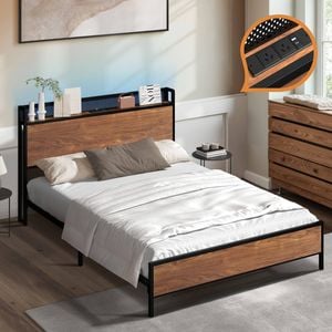 Oikiture Metal Bed Frame Double Size Led Light Usb Charge Storage Headboard