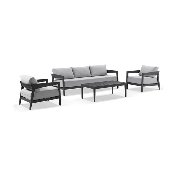 Bronte 3+1+1 Outdoor Aluminium Lounge Setting Charcoal With Coffee Table & Textured Olefin Grey Cushions