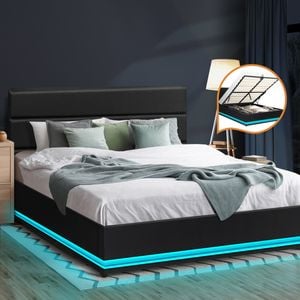 Oikiture Bed Frame Gas Lift RGB LED Black Leather-Queen