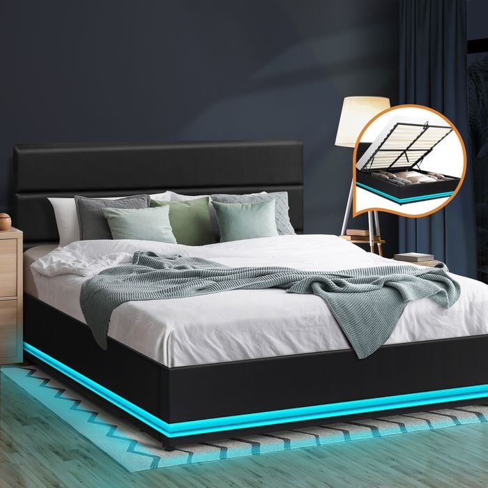 Oikiture Bed Frame Gas Lift RGB LED Black Leather-Queen - Bunnings