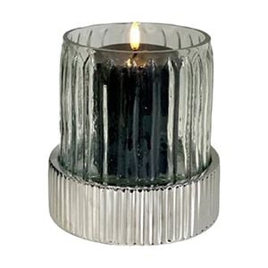 SS Collective Ribbed Silver Pillar W/ Flute Glass Candle Holder 16x19cm