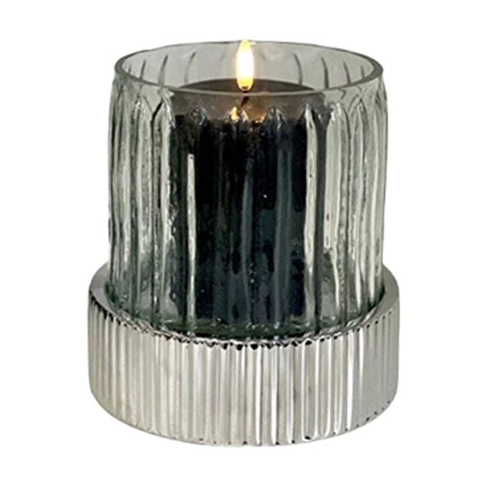 SS Collective Ribbed Silver Pillar W/ Flute Glass Candle Holder 16x19cm