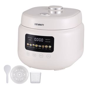 Devanti 3L Rice Cooker Small 6 Cup 8-in-1 Multi Cooker with 24H Preset Automatic Keep-Warm Off-White