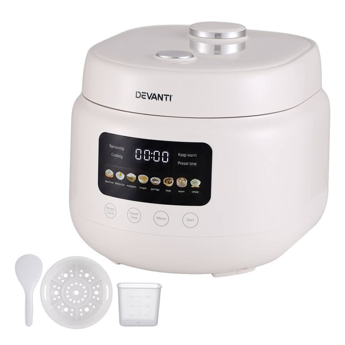 Devanti 3L Rice Cooker Small 6 Cup 8-in-1 Multi Cooker with 24H Preset Automatic Keep-Warm Off-White