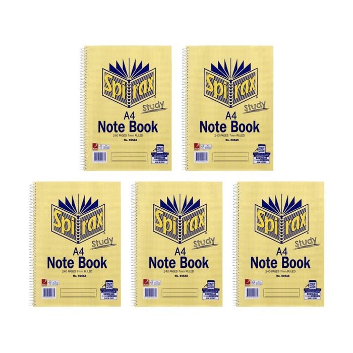 5pk Spirax 595a A4 7mm Ruled Spiral Bound Writing Notebook 240 Pages
