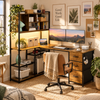 Ufurniture 148 cm L Shaped Computer Desk with Reversible Storage Bookshelf Corner Gaming Desk with LED Lights Walnut