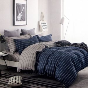 300tc Brian Navy Striped Reversible Cotton Quilt Cover Set Double
