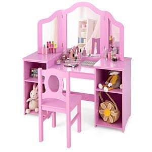 Costway 2-in-1 Kids Vanity Table And Chair Set Study Desk With Mirror Pink