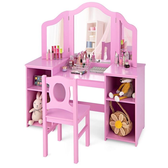 Costway 2-in-1 Kids Vanity Table And Chair Set Study Desk With Mirror Pink