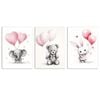 3pcs Elephant Bear Rabbit with Pink Heart Balloons Print 100% Australian Made 3 x 40x60cm (Metal Print)