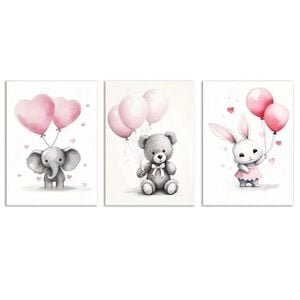 3pcs Elephant Bear Rabbit with Pink Heart Balloons Print 100% Australian Made 3 x 40x60cm (Metal Print)