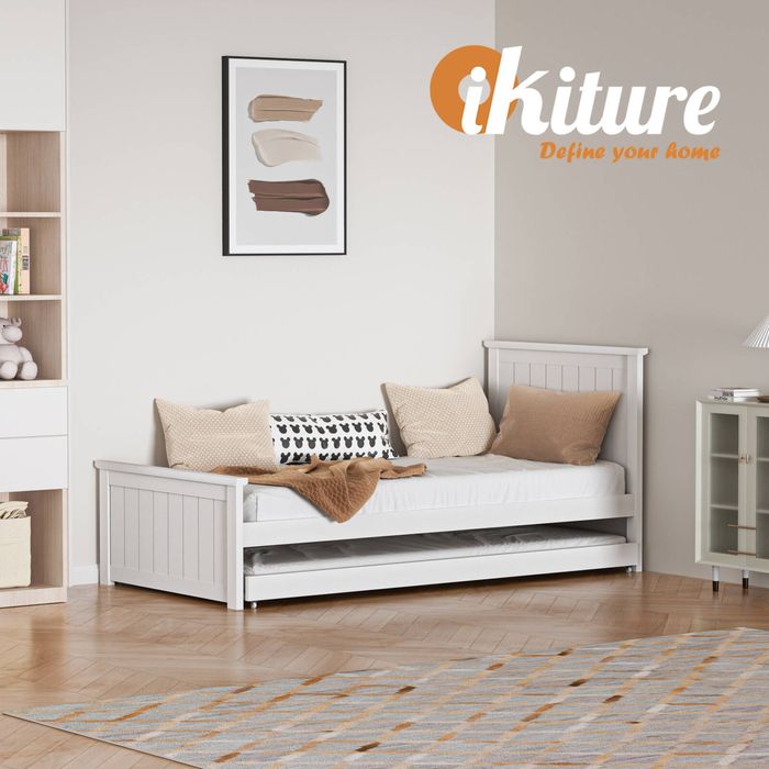 Oikiture Trundle Bed Frame Single Size Beds Base Wooden Daybed White ...
