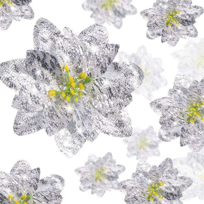 Catzon 36 Pcs Christmas Glitter Poinsettia Flowers for Xmas Tree-Silver