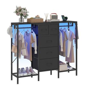Ufurniture Chest of Drawers with LED Lights & 5 Fabric Drawers and 2 Clothes Rack Garment Coat Hanging Rail Black