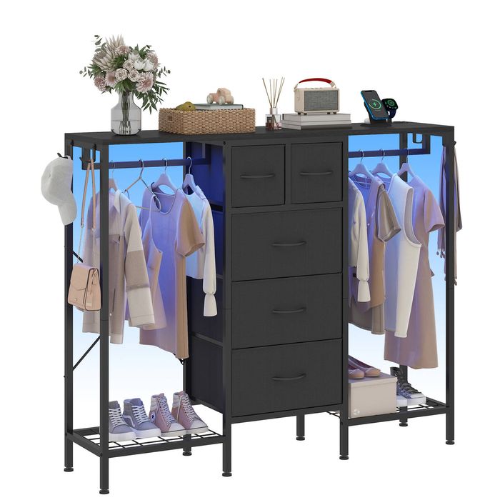 Ufurniture Chest of Drawers with LED Lights & 5 Fabric Drawers and 2 Clothes Rack Garment Coat Hanging Rail Black