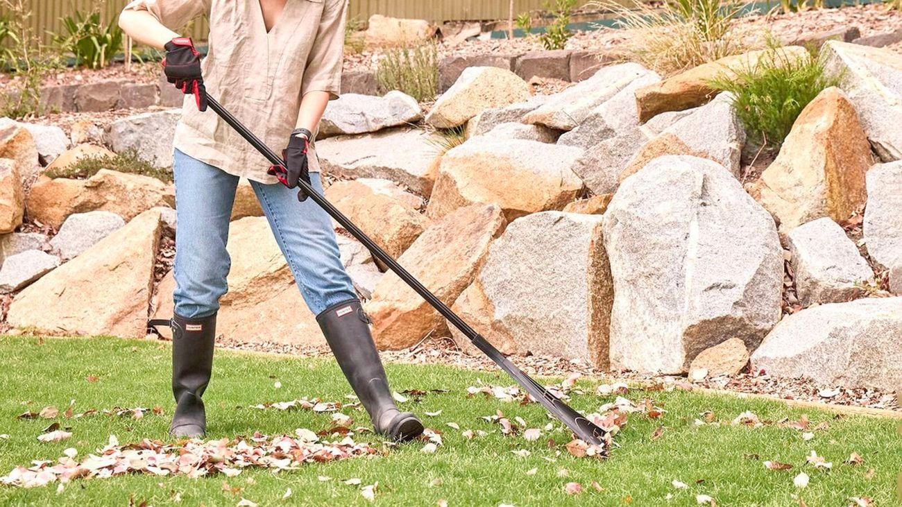 A person wearing gloves, jeans and gumboots using a grabber tool to collect leaves on a lawn near rocks and plants.   