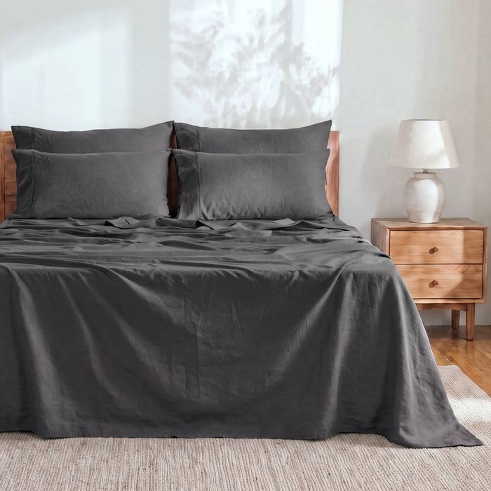 Dreamaker Linen Cotton Sheet Set Charcoal - King Single Bed