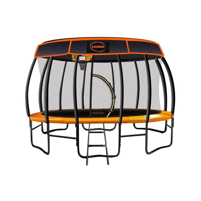Kahuna Trampoline 16 Ft With Basketball Set And Roof Cover - Orange